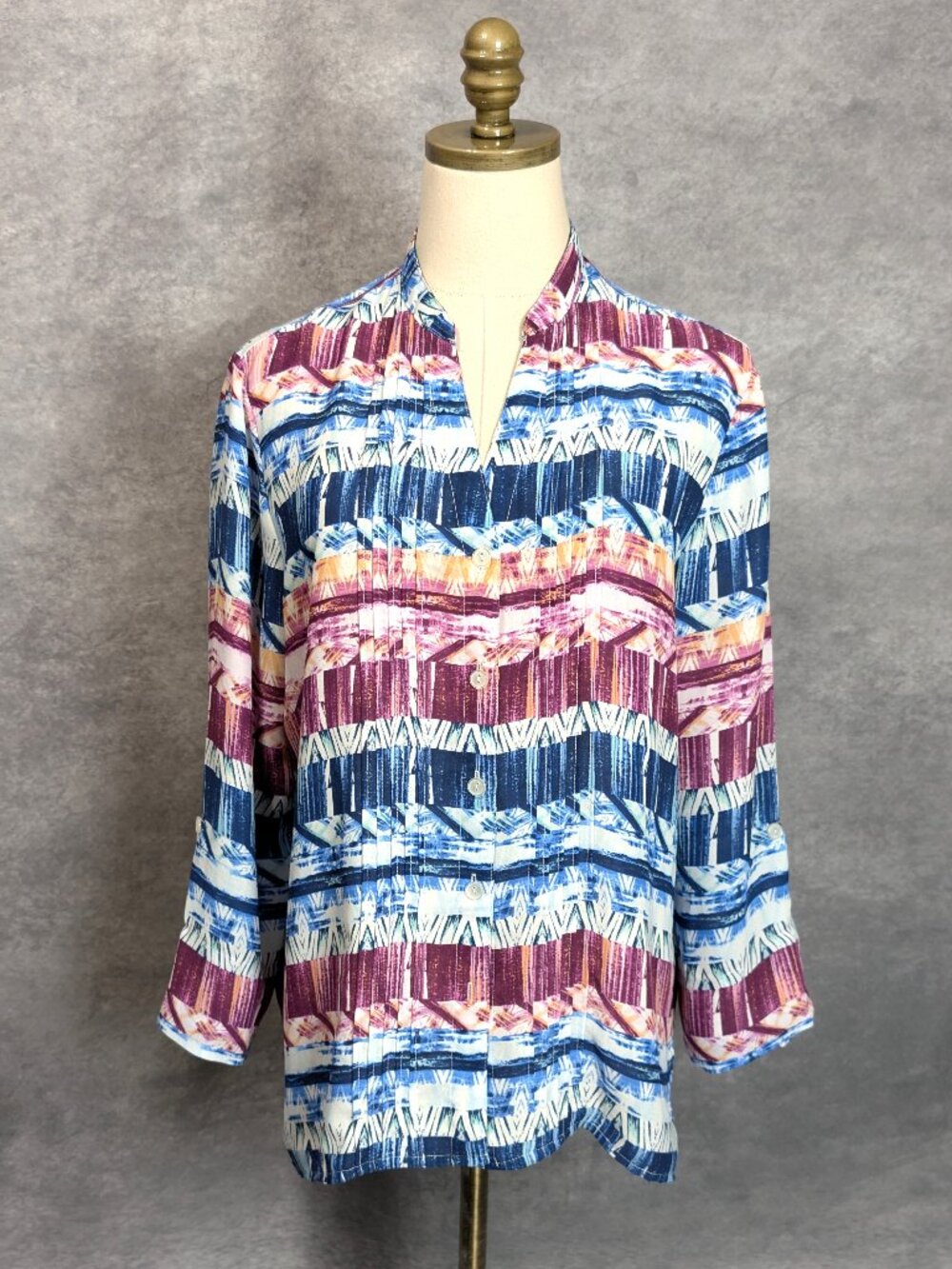 Alfred Dunner Pintuck Pleated Button Blouse Shirt Size 8 Roll Tab Sleeves